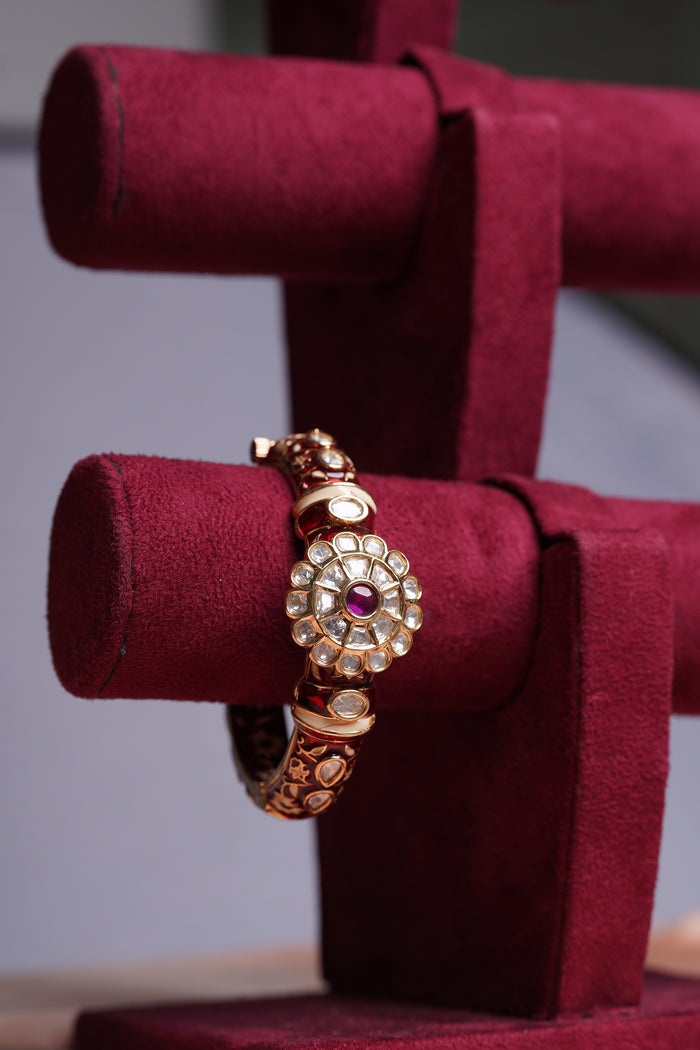 Red Meenakari Polki Kada