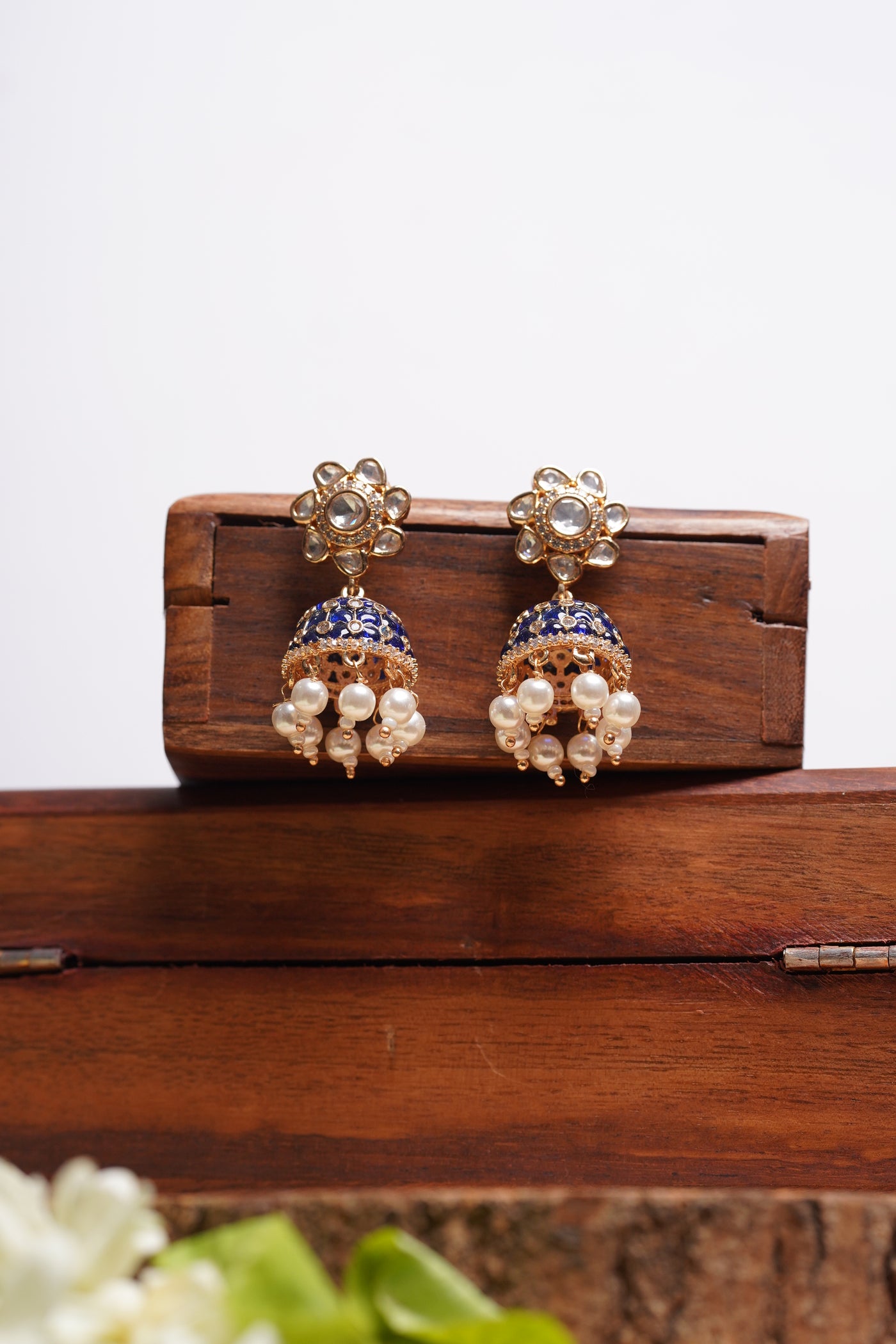 Kundan Blue Floral Jhumkas