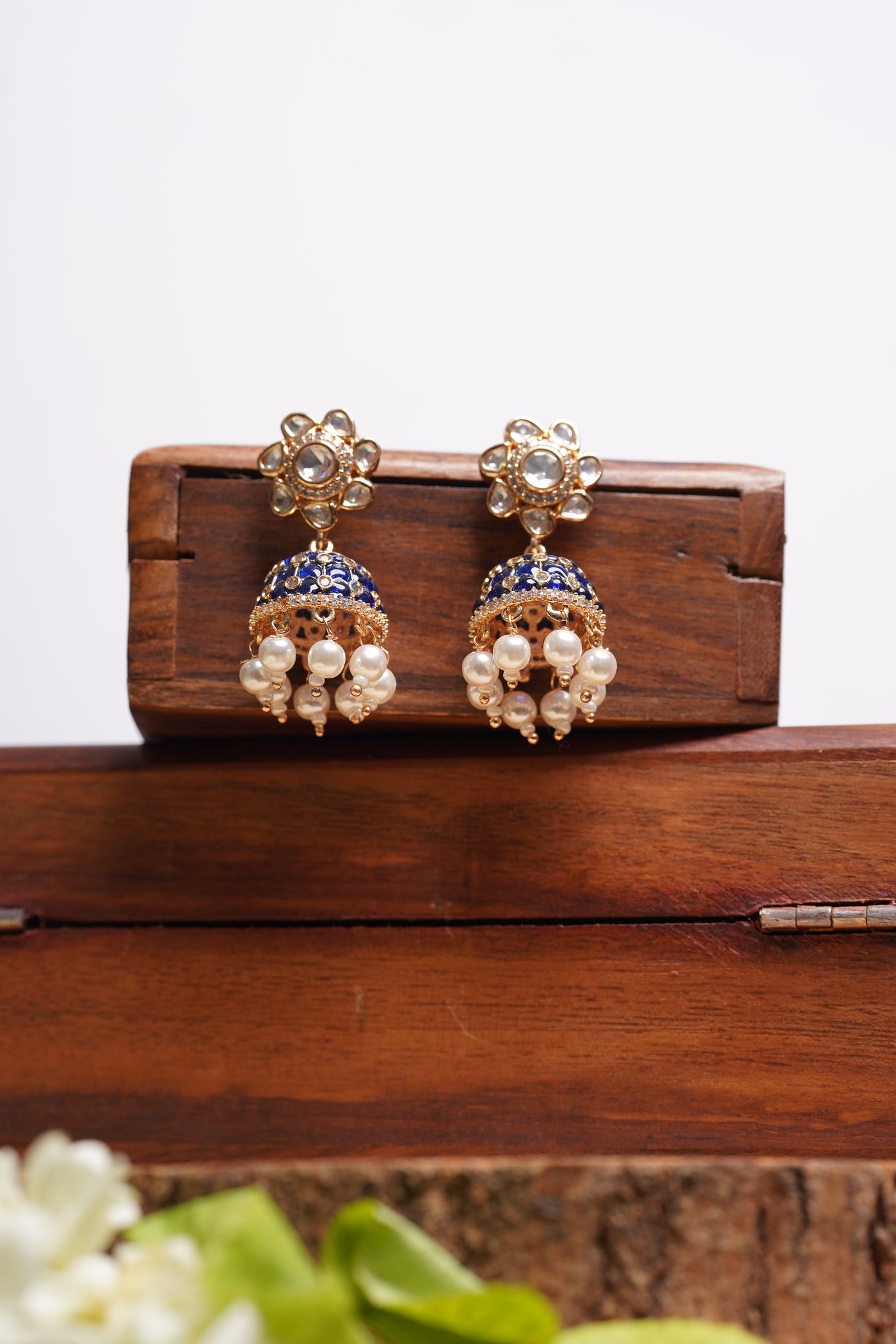 Kundan Blue Floral Jhumkas